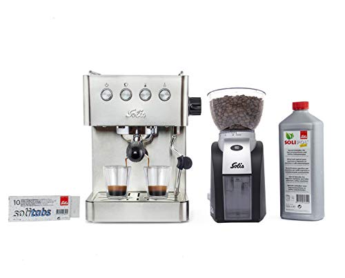 Solis Kaffee-Set: Espressomaschine Barista Gran Gusto + Elektrische Kaffeemühle + 10 Reinigungstabletten für Siebträgermaschine + 1 L Entkalker