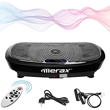 Merax Profi Vibrationsplatte mit 3D Wipp Vibrations Technologie, Ganzkörper Trainingsgerät mit 2x200W Motoren, Bluetooth Musik + Riesige Fläche + Trainingsbänder + Fernbedienung (Schwarz_1)